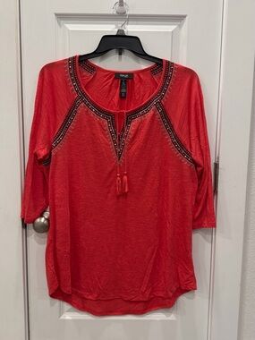 Style & Co. Coral Red Embellished Tassel V-Neck Tunic